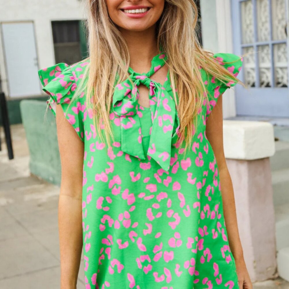 Be Bold Green Animal Print Bow Tie Flutter Sleeve Top
